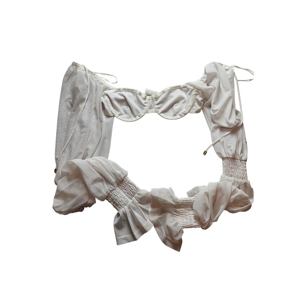 ZYA White Mesh Underwire Crop Top Dramatic Smocked Long Sleeve Ruffle Size 4 S/M